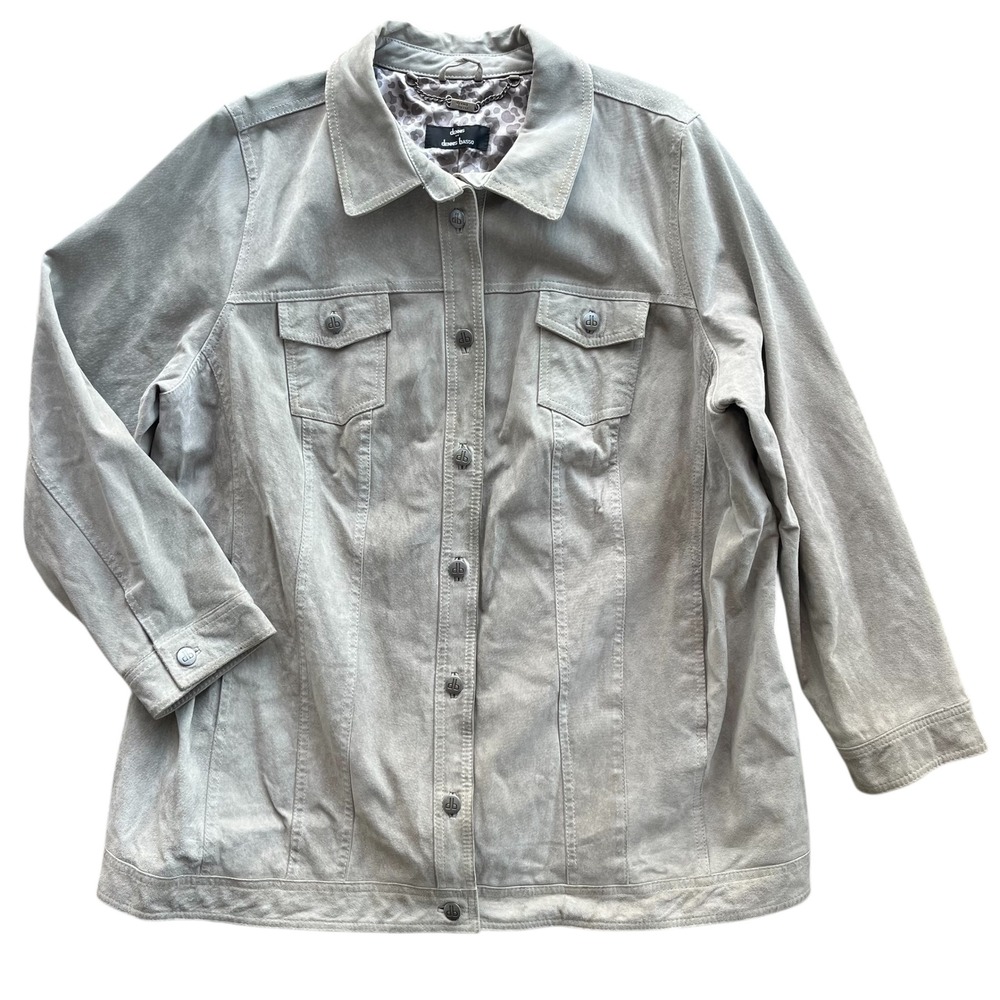 Dennis Basso Women Plus Sz Gray Green Washable Suede Leather Button Front Jacket